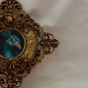 May include: A circular painting of a peacock head set within an ornate, antique gold-colored resin frame. The frame features intricate relief carvings of roses, leaves, and scrollwork, surrounding the central artwork of the blue and green bird.