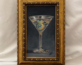 Original Martini Glass Oil Painting | Evil Eye Cocktail Art | Surreal Wall Art | Maximalist Decor | Gothic Bar Art | bar wall art