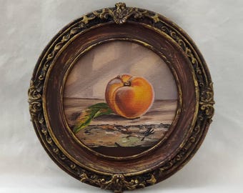 Pintura al óleo original / Bodegón de melocotones / Mini cuadro redondo enmarcado / Arte frutal vintage / Decoración de pared hecha a mano / Arte para la cocina /