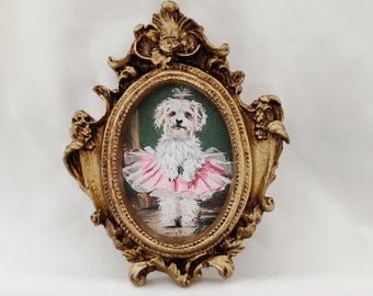 Maltese Dog Painting Gift, White Dog Portrait in Vintage Frame, Cute Dog Wall Art, Pet Lover Gift, Dog Mom gift & dog Dad gift