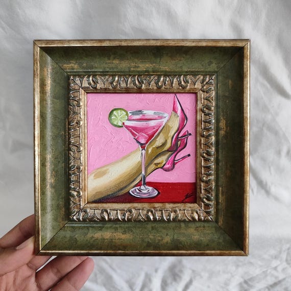 Dirty Martini Wall Art - Feminine Bar Decor - Still Life Oil Painting - Martini Wall Decor - Small Framed Art - Pink Cocktail Artwork