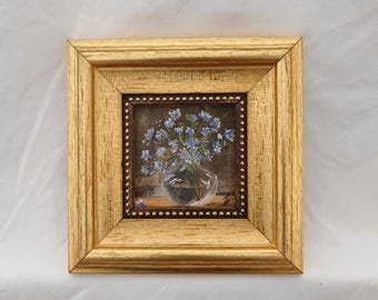 Framed Blue Wildflower Oil Painting: Vintage Still Life Art