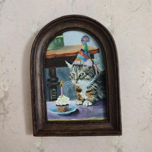 Handmade Cat Oil Painting: Victorian Style Art with Vintage Frame Antique Brown13x18cm