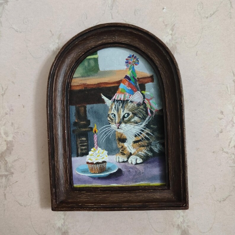 Handmade Cat Oil Painting: Victorian Style Art with Vintage Frame Antique Brown13x18cm