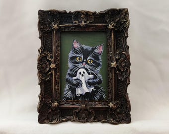 Black Cat Painting with Ghost, Gothic Decor, Halloween Wall Art, Vintage Cat Artwork, Cute Ghost Oil Painting, 4x4.72" Frame