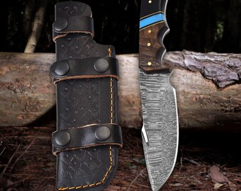 Hand Forged Damascus Skinner Knife with Leather Sheath: Gift for Hunters