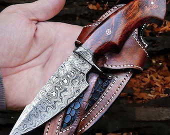 Handmade Damascus Steel Survival Knife: Rosewood Handle, Full Tang