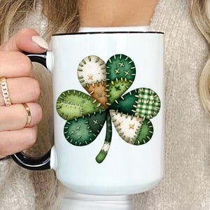 St Patrick’s Day Mug, Shamrock Patchwork Mug, Irish Clover Coffee Cup, Lucky Irish Gift