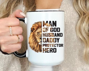 Man of God Husband Daddy Protector Hero Mug – Christian Dad Coffee Mug gift Christian cup Gift