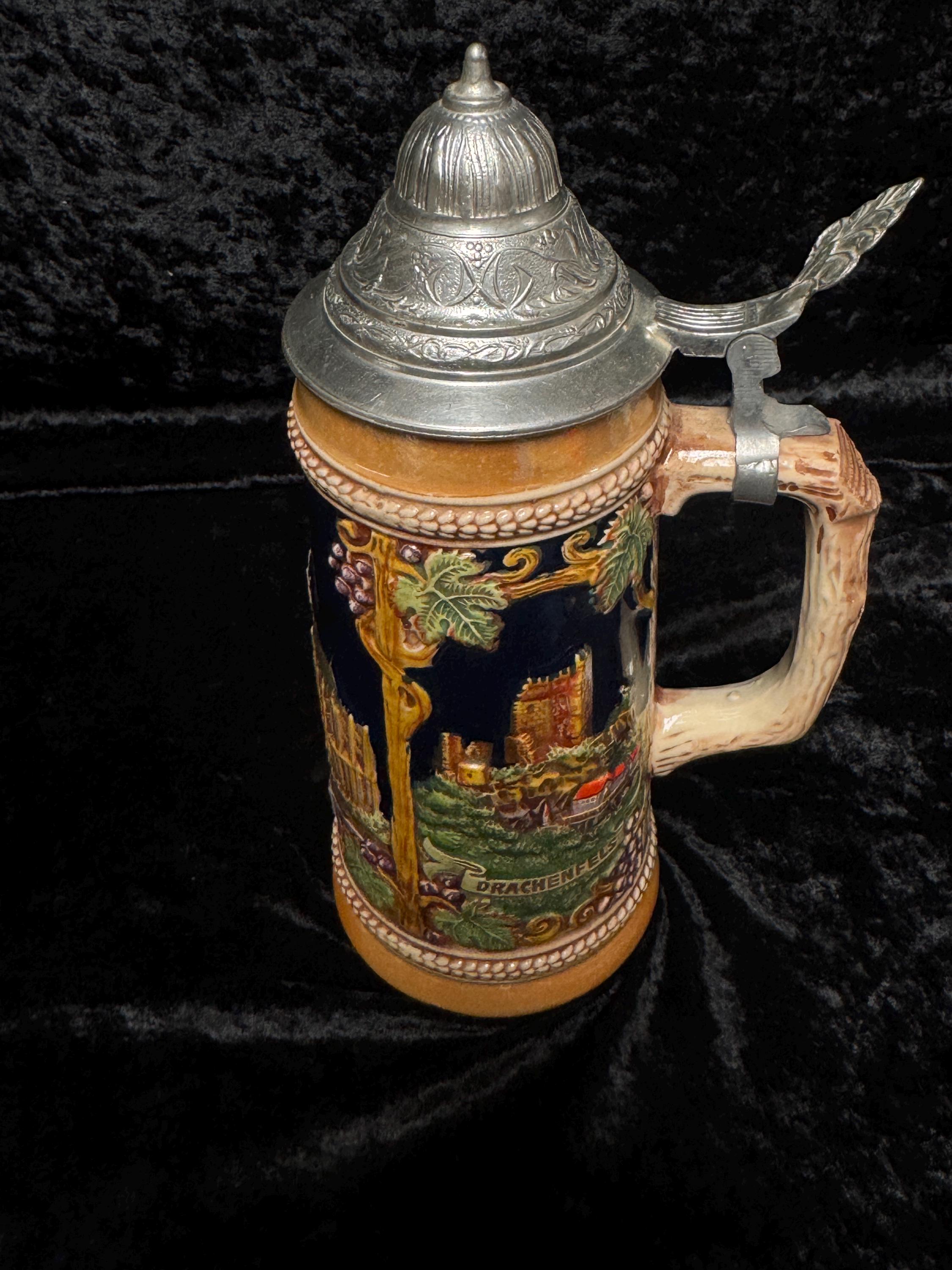 Vintage Gerz German Beer Stein Drachenfels Köln Pewter Lid 10 Inch