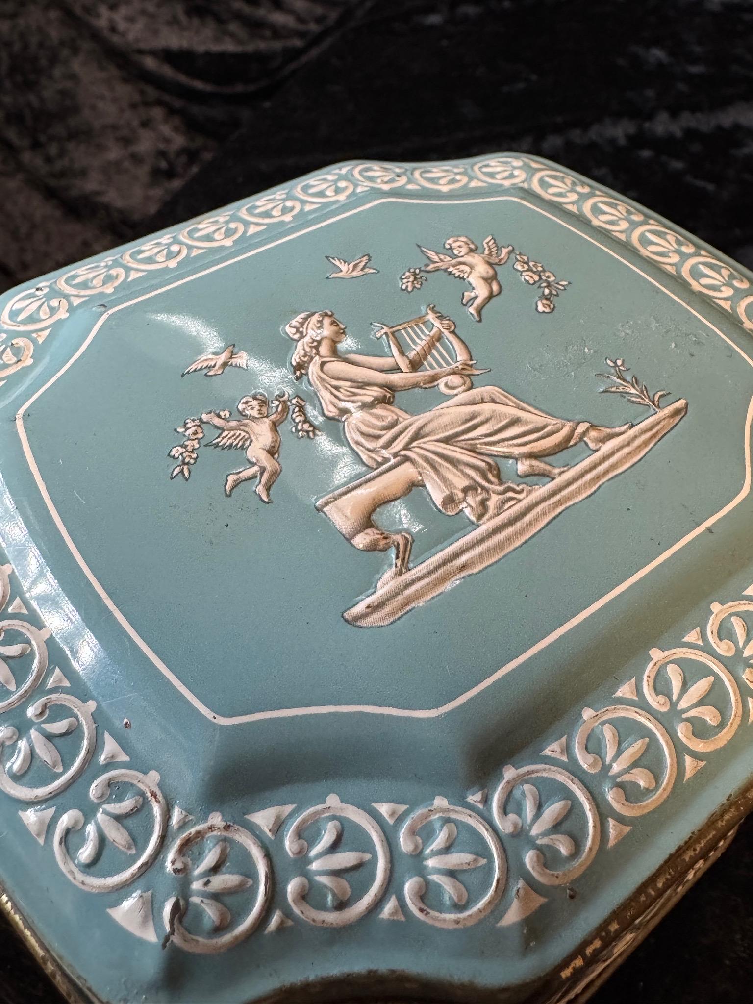 Vintage Wedgwood Style Blue Jasperware Tin Box Made in England