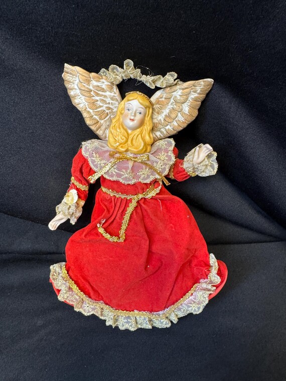 Vintage Angel in red gown with porcelain head and hands Christmas Tree  Topper