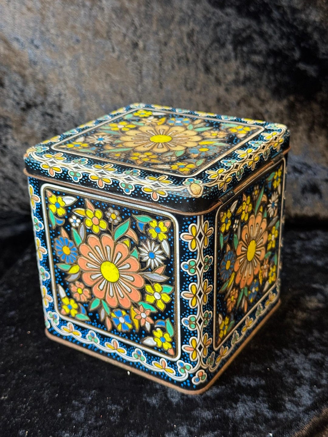 Pyf Box Vintage English Floral Toleware Tin Box Hand Painted Metal Storage Made ...