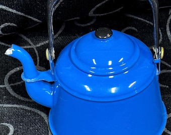 Vintage Bright Cobolt Blue Tea Kettle Wicker over enamel Handle