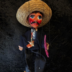 Vintage Mexican Marionette Puppet – Hand Painted Wood Folk Art Display Piece