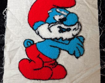 Vintage Smurf Latch Hook Textile Wall Art – 11” Handcrafted Yarn Appliqué – 1970s 1980s Cartoon Décor