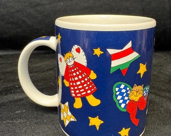 Vintage Alma Lynne Mug | Folk Art Angels & Cats | Country Kitchen Coffee Cup | 1990s Decor