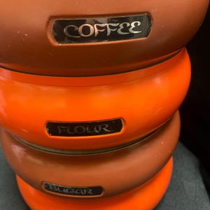 Lincoln Beauty Ware Orange/Red Canister Set Flour Tea Sugar Coffee  Vintage MCM