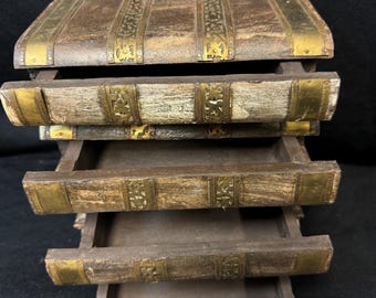 Vintage Faux Book Storage Boxes – Stacked Wooden Decorative Book Set with Brass Details | Rustic Antique Style Decor