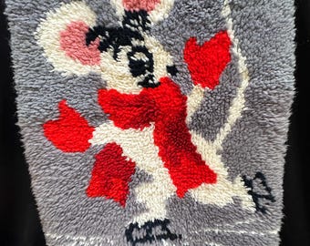 Tappeto vintage con topi fatto a mano all'uncinetto - Tessuto con gancio in stile folk - Decorazione a forma di cuore per San Valentino - Arazzo da parete fatto a mano