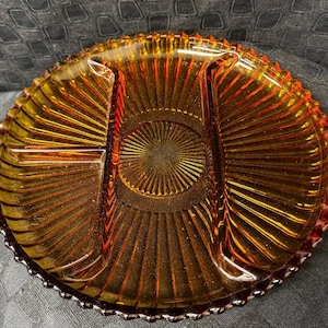 Indiana Glass Co Amber Starburst Glass Divided Relish Platter Plate Tray VINTAGE