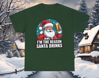 Funny Christmas T-Shirt for Adults, Im the Reason Santa Drinks Tee, Humorous Xmas Gift for Him or Her, Santa Drinking Shirt UK