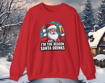 Funny Christmas Jumper, Im the Reason Santa Drinks Sweatshirt, Humorous Xmas Jumper for Adults UK, Santa Drinking Gift Idea