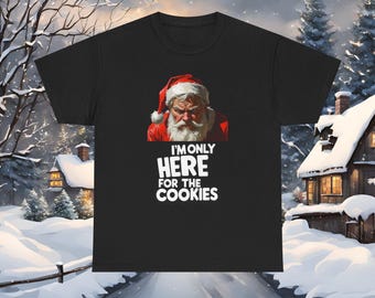 Camiseta navideña divertida, "Solo estoy aquí por las galletas", camiseta con gráfico de Papá Noel, camiseta con humor navideño, atuendo para fiesta de Navidad, idea de regalo de broma.