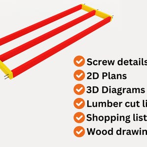 Puede incluir: Un diagrama 3D de un marco de madera con tres vigas rojas paralelas y piezas laterales amarillas. El diagrama muestra detalles de los tornillos, planos 2D, diagramas 3D, una lista de corte de madera, una lista de compras y dibujos de madera.