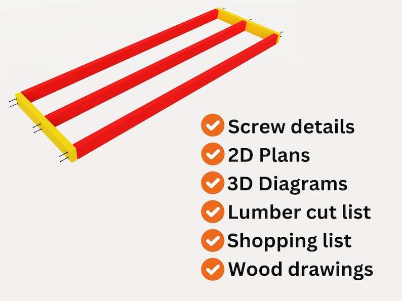 Puede incluir: Un diagrama 3D de un marco de madera con tres vigas rojas paralelas y piezas laterales amarillas. El diagrama muestra detalles de los tornillos, planos 2D, diagramas 3D, una lista de corte de madera, una lista de compras y dibujos de madera.