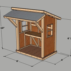 Puede incluir: Un cobertizo de almacenamiento de madera con techo de metal, que mide 1,96 m de alto, 1,83 m de ancho y 1,22 m de profundidad. El cobertizo tiene una peque&ntilde;a ventana y un estante en el interior.