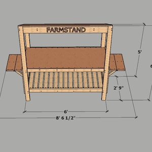 May include: A wooden farmstand with a sign that reads "FARMSTAND". The stand is 8 feet 6 1/2 inches wide, 6 feet 7 inches tall, and 2 feet 9 inches deep.