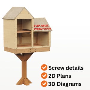 May include: A wooden egg stand with a pitched roof and two compartments. The stand is supported by a wooden post and base. The sign reads "FOR SALE FRESH EGGS".