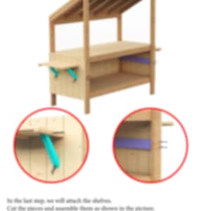 May include: Step 7 of a woodworking project. The image shows a wooden stand with shelves and a roof. The stand is assembled and the shelves are attached to the sides. The image also shows close-up details of the shelves being attached to the stand.