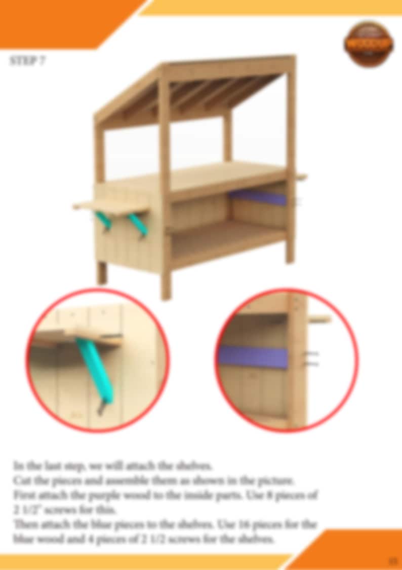 May include: Step 7 of a woodworking project. The image shows a wooden stand with shelves and a roof. The stand is assembled and the shelves are attached to the sides. The image also shows close-up details of the shelves being attached to the stand.