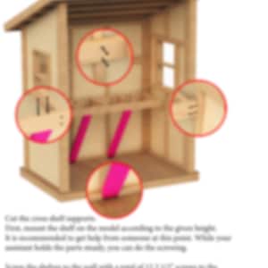 Puede incluir: Una gu&iacute;a paso a paso para construir una casa de mu&ntilde;ecas de madera. La imagen muestra la casa de mu&ntilde;ecas con el techo y las paredes ensamblados. Las instrucciones muestran c&oacute;mo sujetar las estanter&iacute;as y el techo.