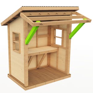 Puede incluir: Un cobertizo de madera con techo y un estante en el interior. El cobertizo est&aacute; sin terminar y tiene vigas de soporte verdes.