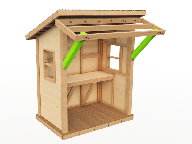 Puede incluir: Un cobertizo de madera con techo y un estante en el interior. El cobertizo est&aacute; sin terminar y tiene vigas de soporte verdes.