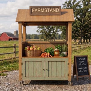 May include: A wooden farmstand with a roof, a sign reading FARMSTAND, and a sage green cabinet base. The counter holds a woven basket of apples, a bunch of carrots, a jar of honey, and potted herbs. A small chalkboard sign stands nearby.