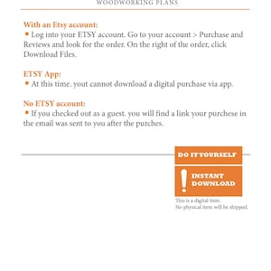 Puede incluir: Un aviso de descarga digital para planos de carpinter&iacute;a. El aviso est&aacute; en un cuadro naranja con el texto "DO IT YOURSELF" y "INSTANT DOWNLOAD" en blanco. El texto debajo del cuadro dice "Este es un art&iacute;culo digital. No se enviar&aacute; ning&uacute;n art&iacute;culo f&iacute;sico."