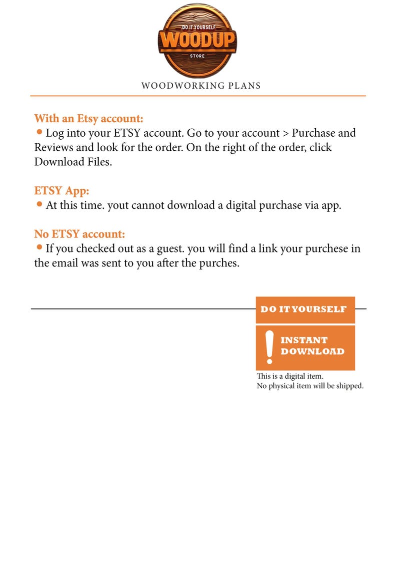 Puede incluir: Un aviso de descarga digital para planos de carpinter&iacute;a. El aviso est&aacute; en un cuadro naranja con el texto "DO IT YOURSELF" y "INSTANT DOWNLOAD" en blanco. El texto debajo del cuadro dice "Este es un art&iacute;culo digital. No se enviar&aacute; ning&uacute;n art&iacute;culo f&iacute;sico."