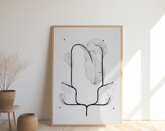 Pode incluir: Impressão de arte abstrata em preto e branco em uma moldura de madeira natural. A obra de arte apresenta um design minimalista com linhas fluidas e formas suaves em forma de nuvem. A impressão é exibida em uma sala clara e arejada com piso de madeira e paredes neutras.