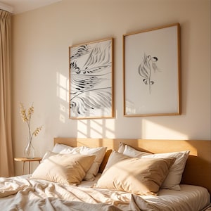 Digitales Set von 2 Prints, passende Art Prints, Sofort Download Poster, Romantisches Schlafzimmer Wandbild, Schwarz Weiß Stil, Natürliche Pinselzeichnung