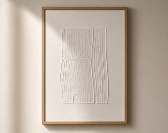 Minimalistische witte kunstprint in reliëf, gemaakt met linoleum, 42x54 cm.