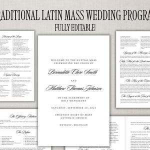 Pode incluir: Um programa de casamento imprimível para um casamento tradicional de missa latina. O programa inclui a ordem do serviço, os nomes da noiva e do noivo, Bernadette Clare Smith e Matthew Thomas Johnson, e a data e o local do casamento. O programa é totalmente editável.
