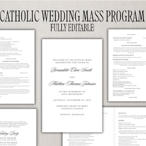 Puede incluir: Una plantilla de programa de misa de boda católica imprimible en blanco y negro con el texto "Catholic Wedding Mass Program Fully Editable!" en la parte superior. El programa incluye los nombres de la novia y el novio, Bernadette Clare Smith y Matthew Thomas Johnson, la fecha de la boda y el nombre de la iglesia, Sweetest Heart of Mary Catholic Church, Detroit, Michigan.