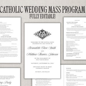 May include: A black and white printable Catholic wedding mass program template with the text "Catholic Wedding Mass Program Fully Editable!" at the top. The program includes the names of the bride and groom, Bernadette Clare Smith and Matthew Thomas Johnson, the date of the wedding, September 20, 2023, and the name of the church, Sweetest Heart of Mary Catholic Church, Detroit, Michigan.
