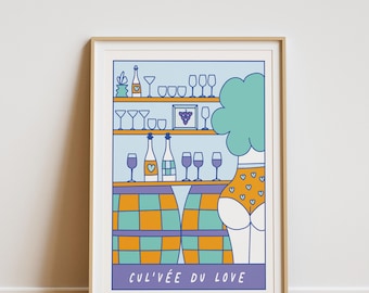 May include: A blue and white illustration of a wine bar with two barrels, wine bottles, and glasses. The text "CUL'VÉE DU LOVE" is at the bottom of the image.