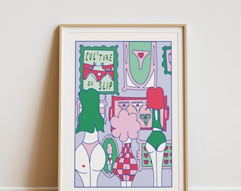 May include: A colorful illustration of three figures with different hairstyles and clothing. The figures are standing in front of a wall with various framed images. The text "CULTURE DU SLIP" is visible in one of the frames.