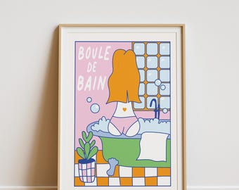 May include: A pink and green illustration of a person taking a bath with the text "BOULE DE BAIN" in blue letters.